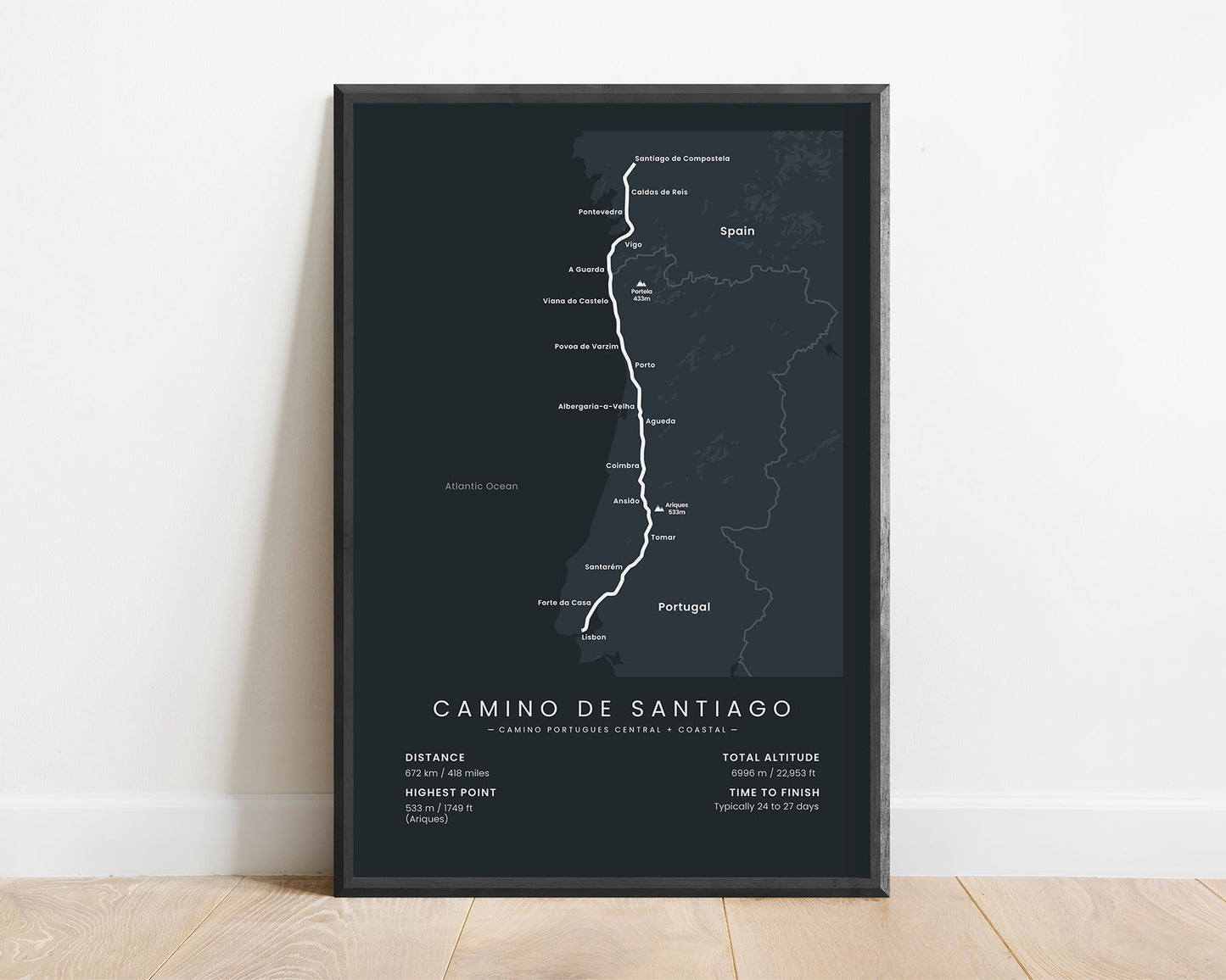 The Portuguese Way (Spain) route wall map with black background