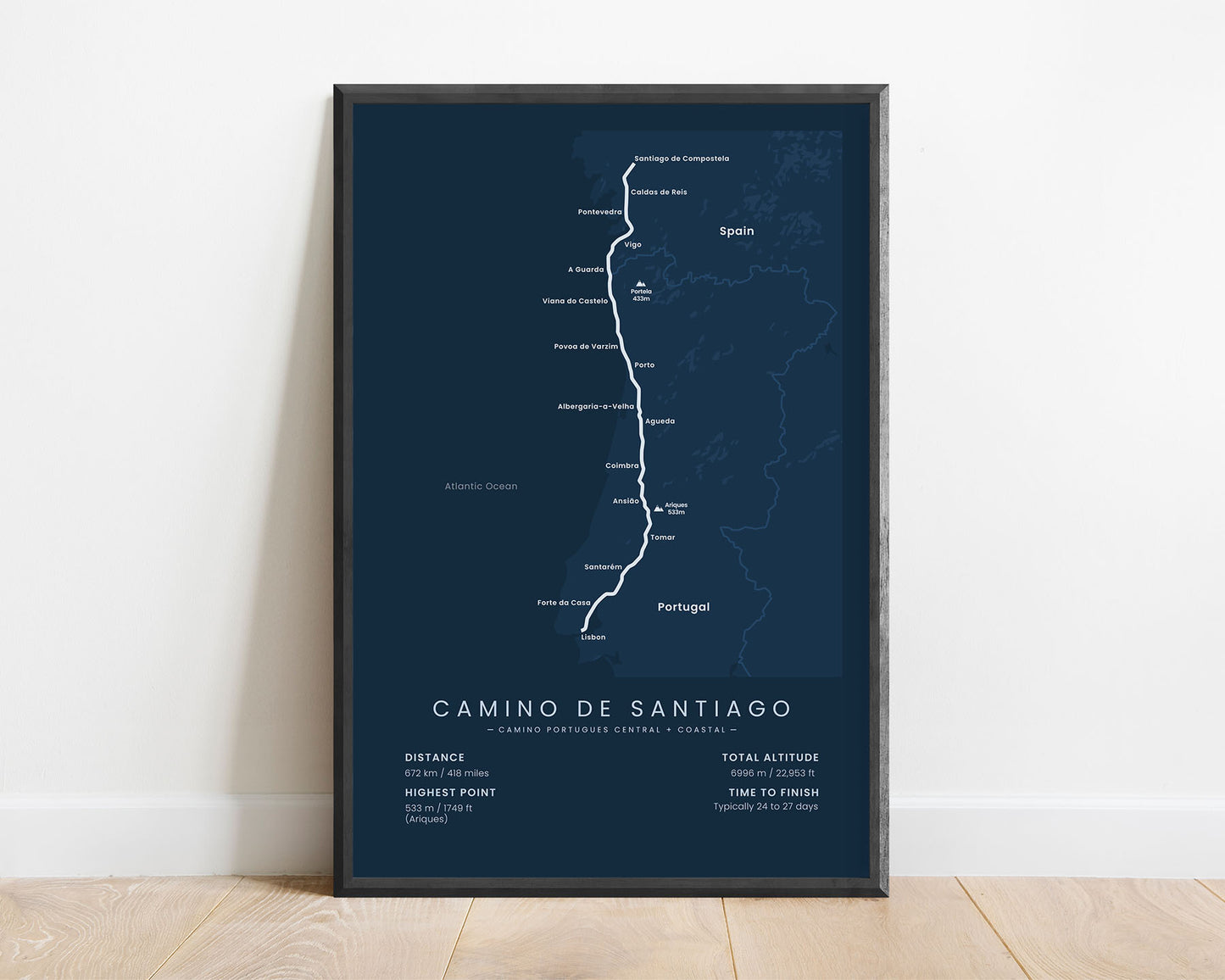 Camino de Santiago (Lisbon to Porto to Santiago de Compostela) hiking trail poster with blue background