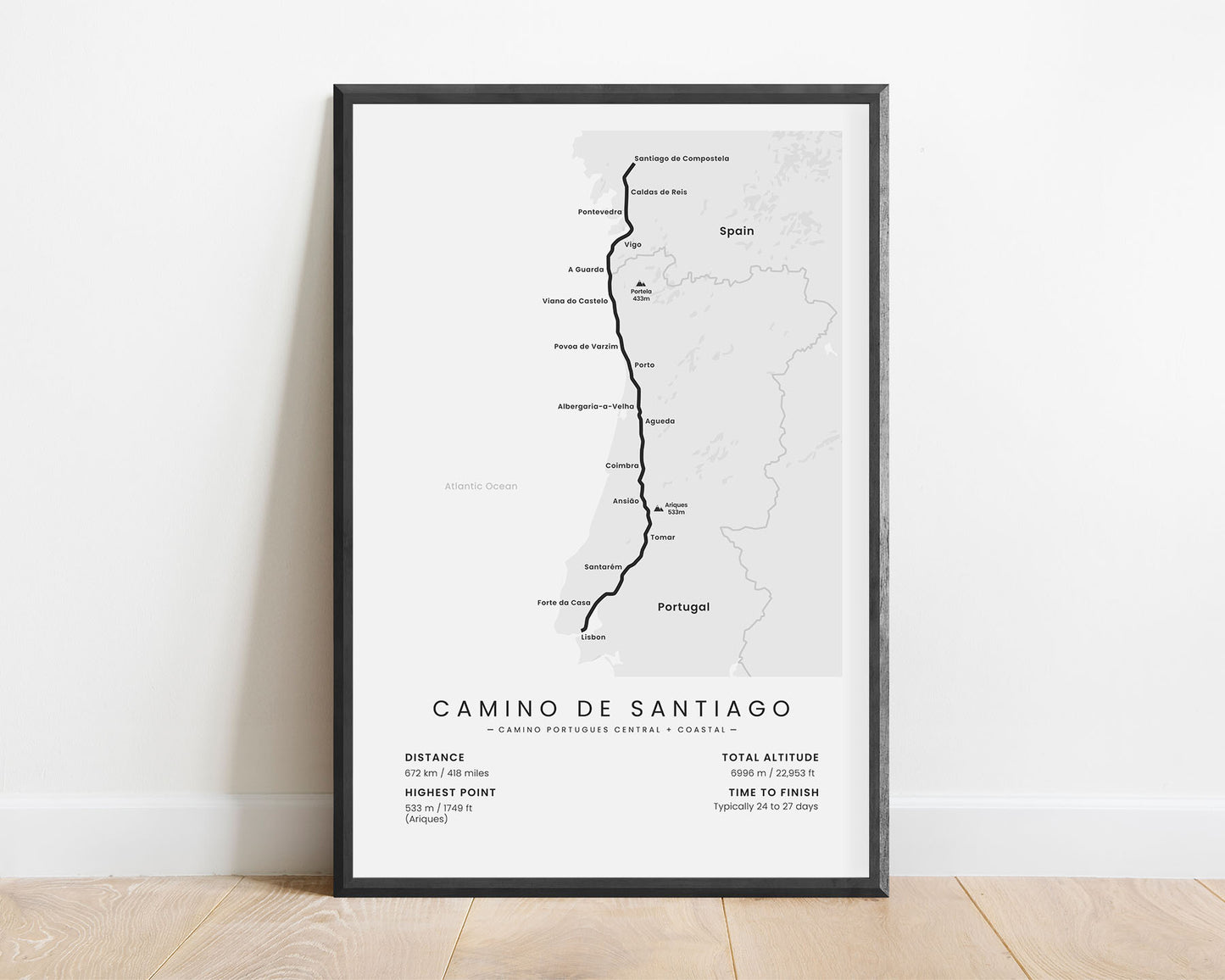 Camino Portugues Central + Coastal (Lisbon to Porto to Santiago de Compostela) pilgrimage print with white background