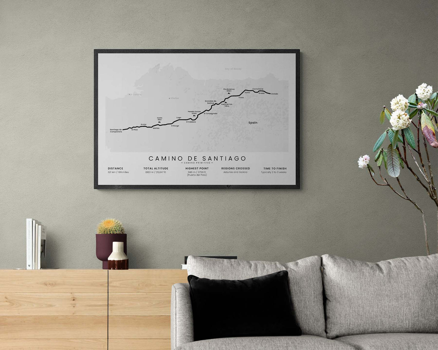 The Primitive Way (Spain) route map art in minimal room decor