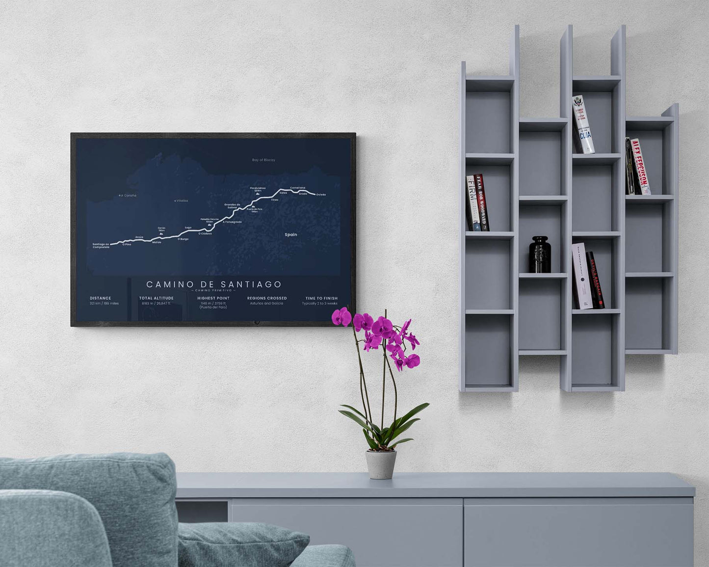 The Original Way (Asturias) trail map print in minimal room decor