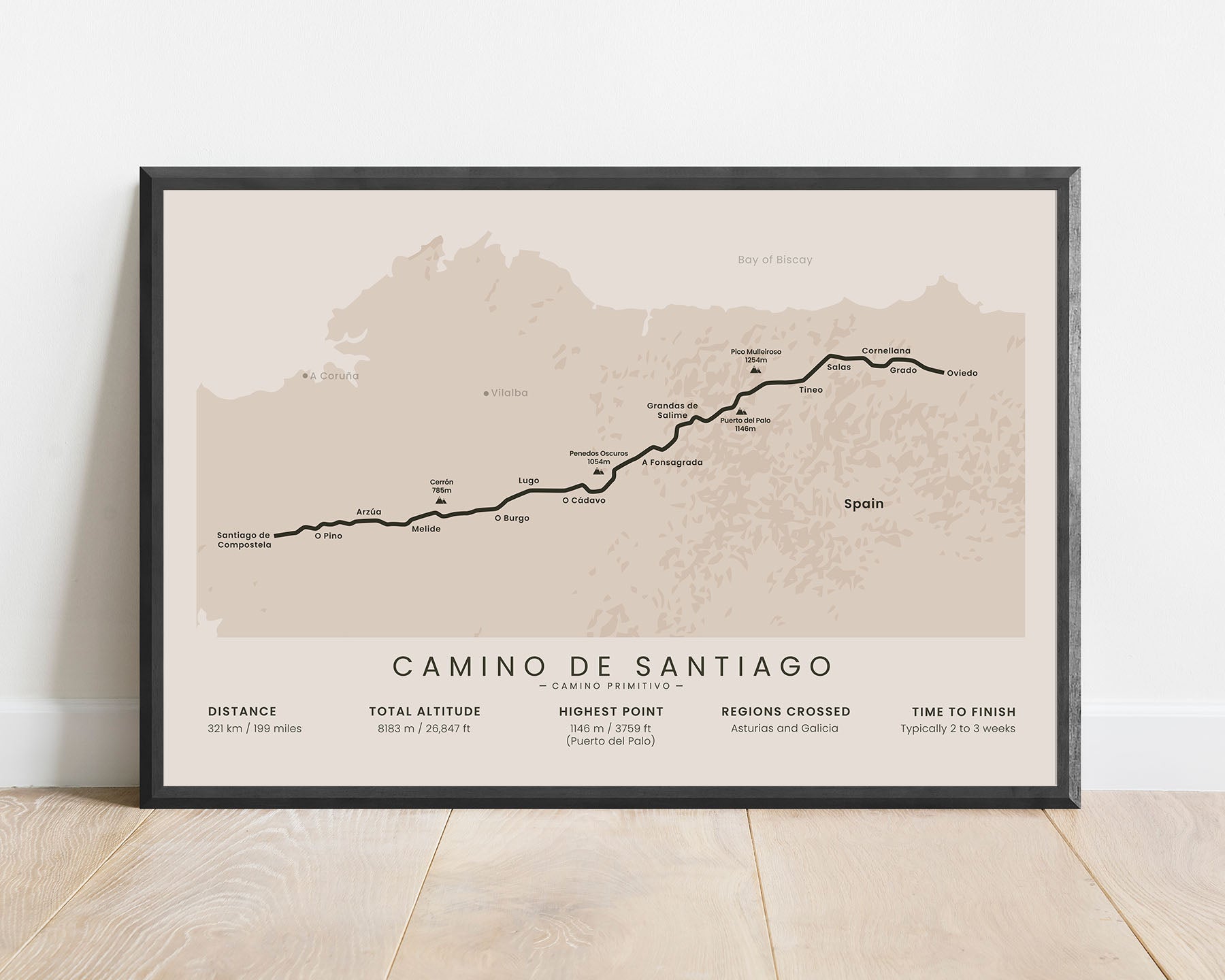 The Primitive Way (Spain) pilgrimage wall map with beige background