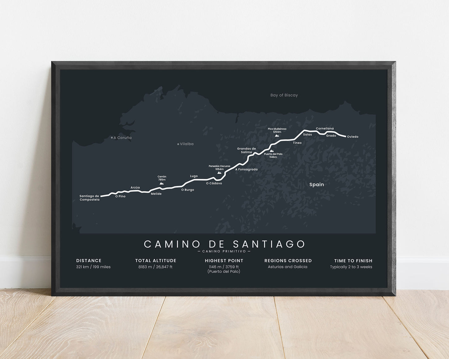 The Original Way (Asturias) thru hike print with black background