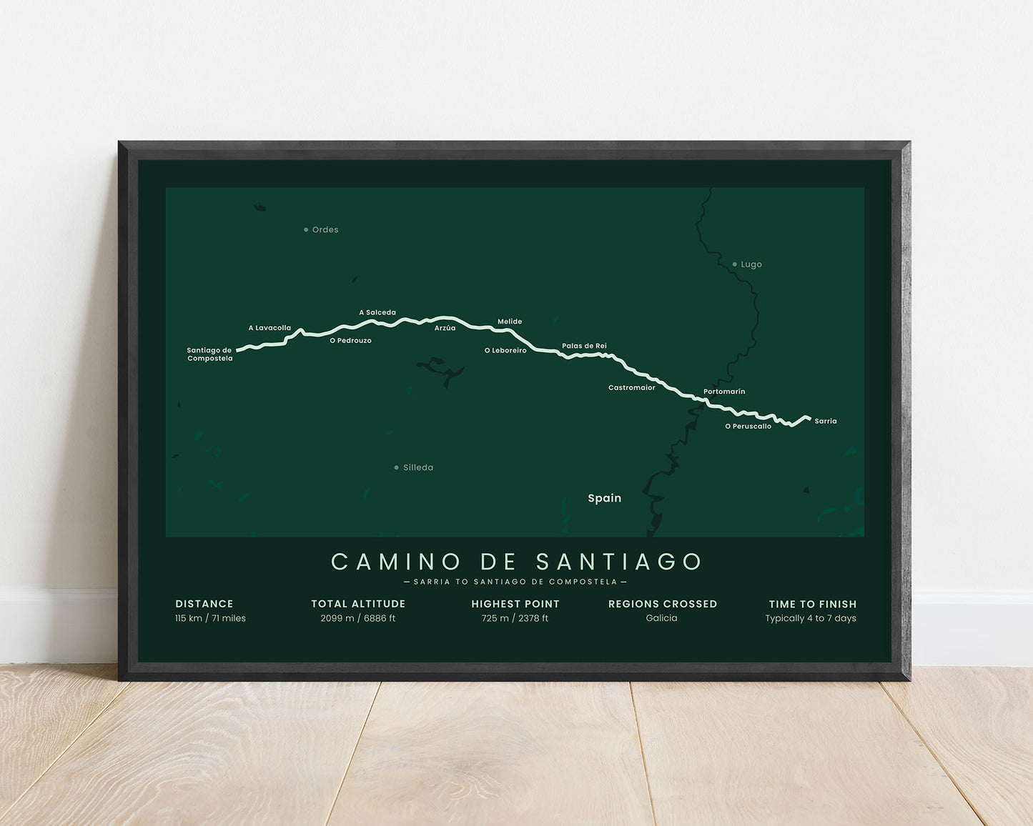 Sarria to Santiago de Compostela (Galicia) Thru-Hike Map Art with Green Background