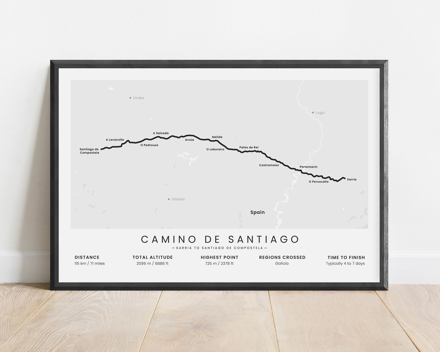 Sarria to Santiago de Compostela (Camino Frances) Trail Wall Map with White Background