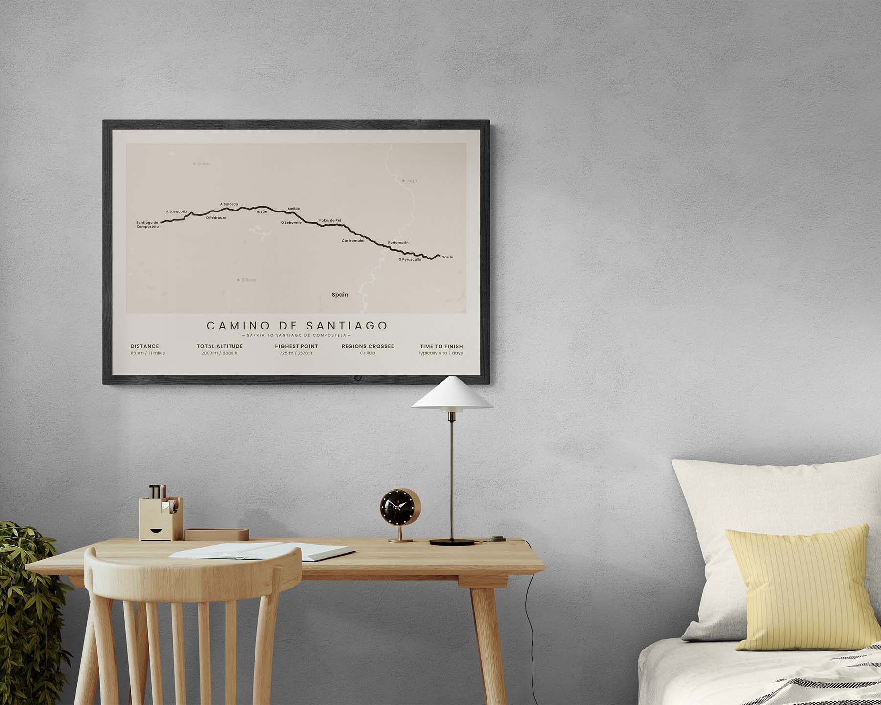 Camino De Santiago Desde Sarria (Camino Frances) Route Wall Art in Minimal Room Decor