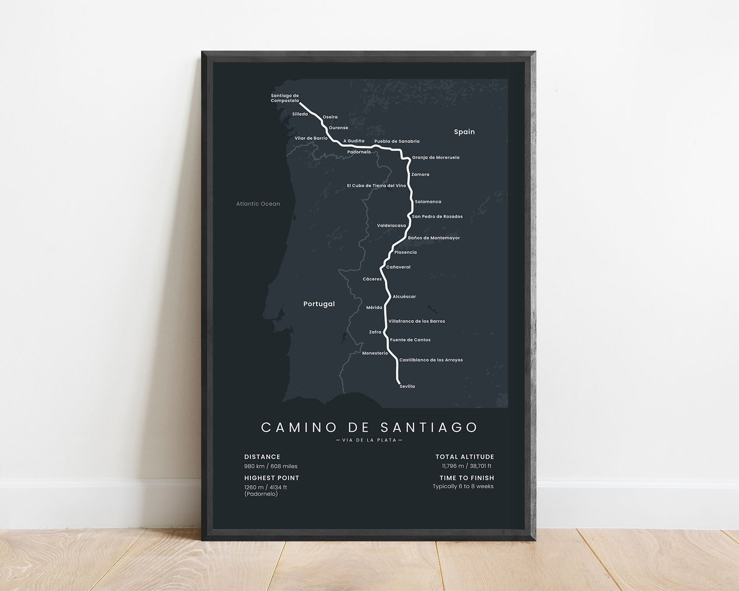 Camino de Santiago (Seville to Santiago de Compostela) thru hike print with black background