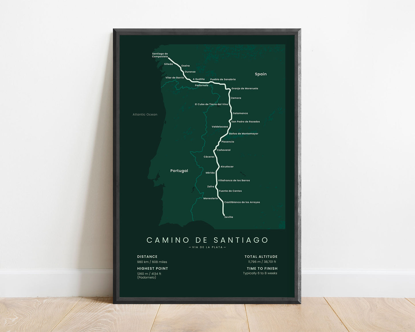 Camino Via de la Plata (Spain) path map art with green background