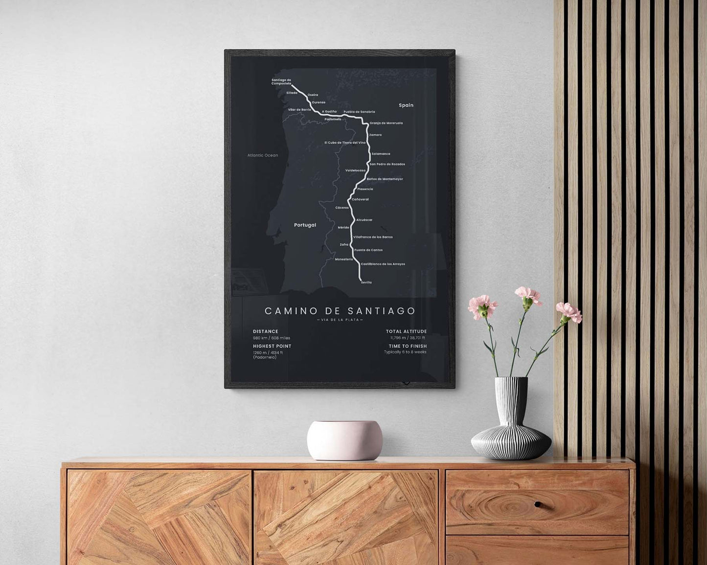 Camino de Santiago (Spain) trail map print in minimal room decor