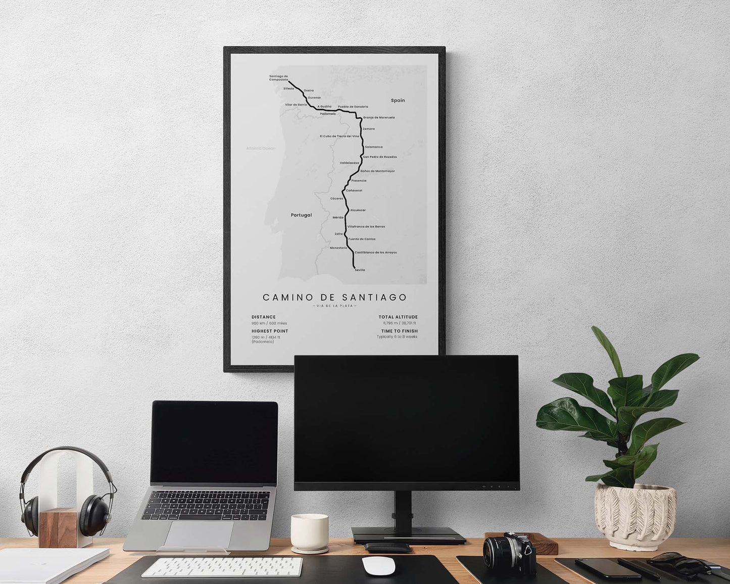 The Silver Way (Seville to Santiago de Compostela) route poster map in minimal room decor