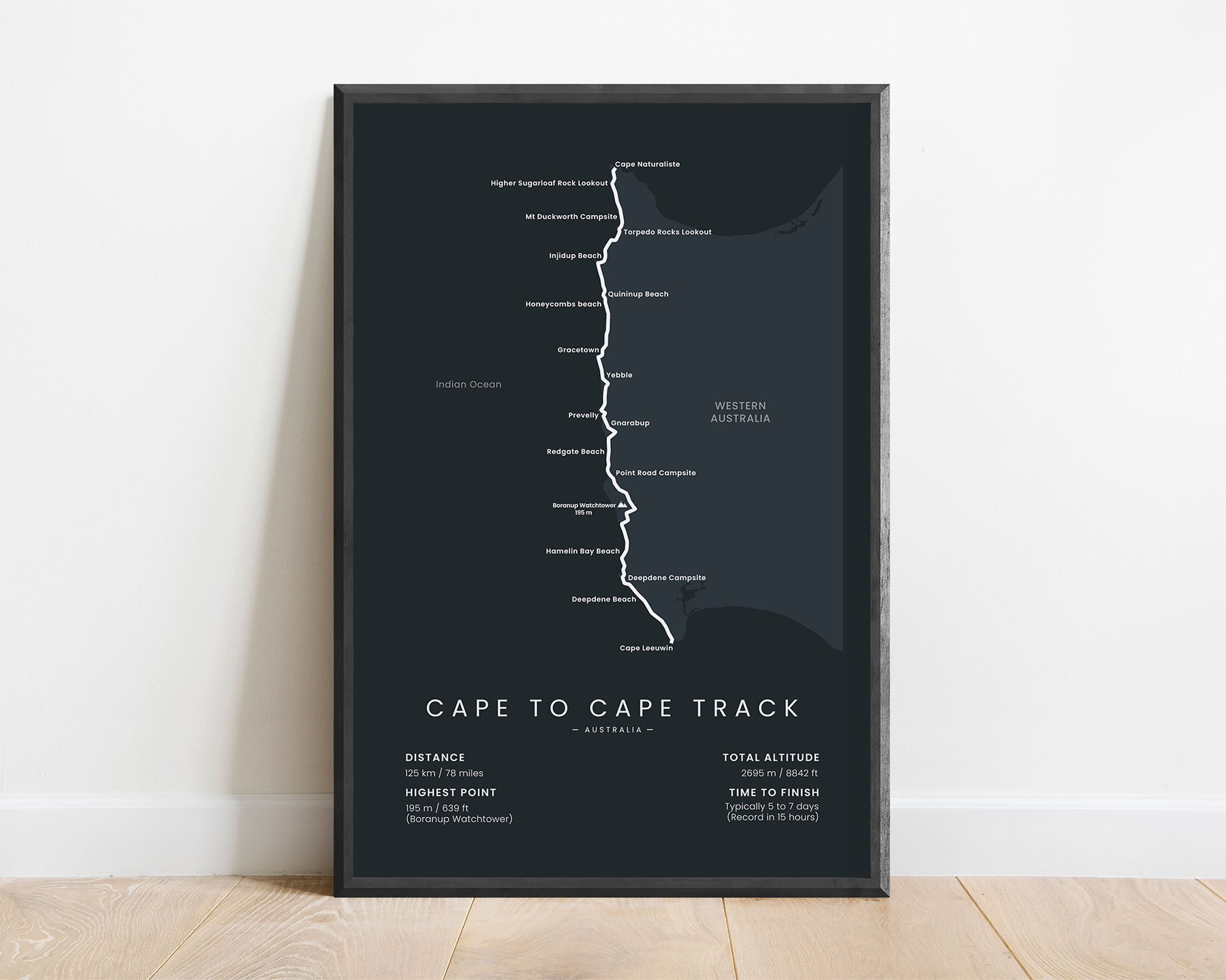 Cape to Cape Walk (Margaret River) hike wall map with black background