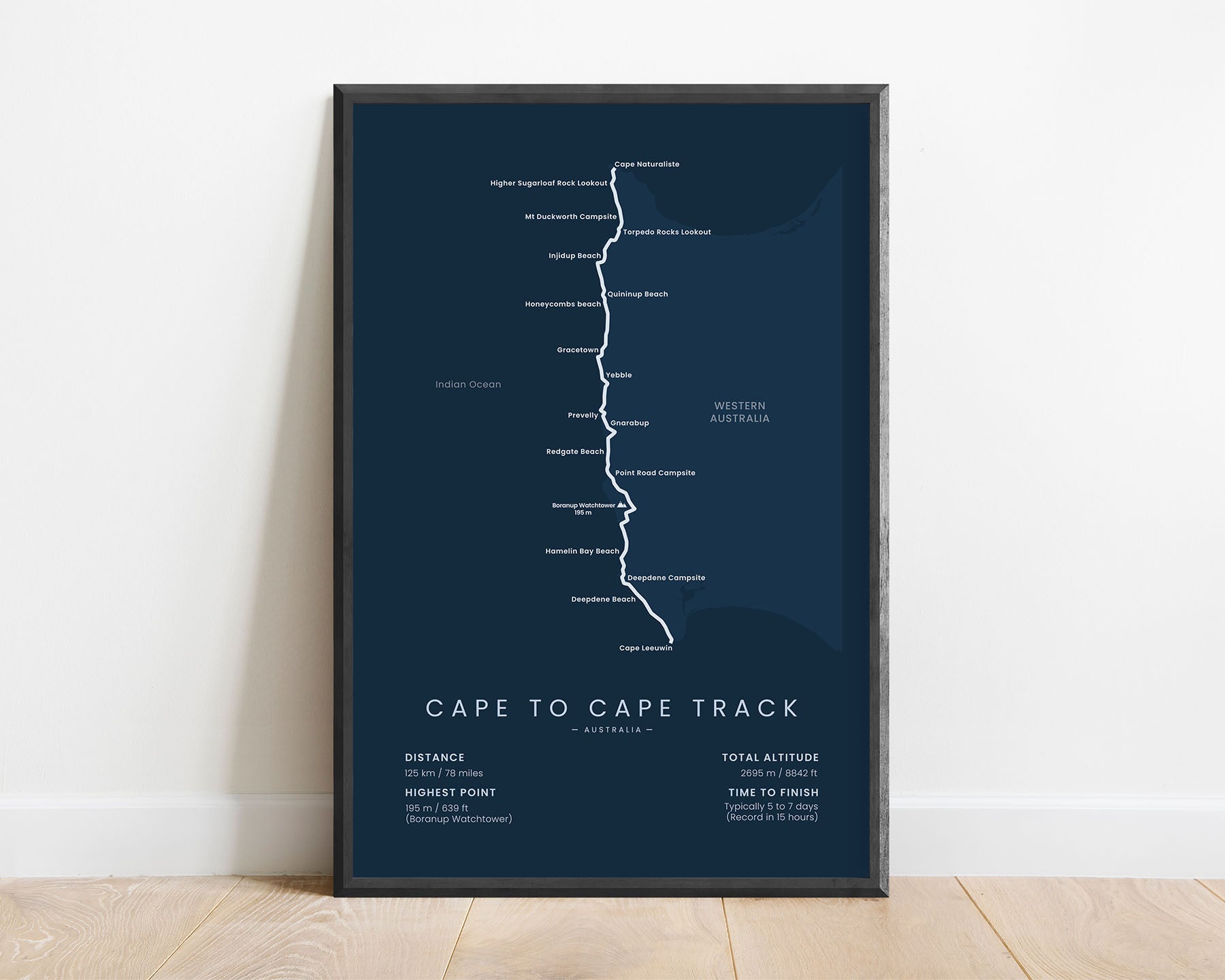 Cape to Cape Track (Leeuwin-Naturaliste National Park) trek print with blue background