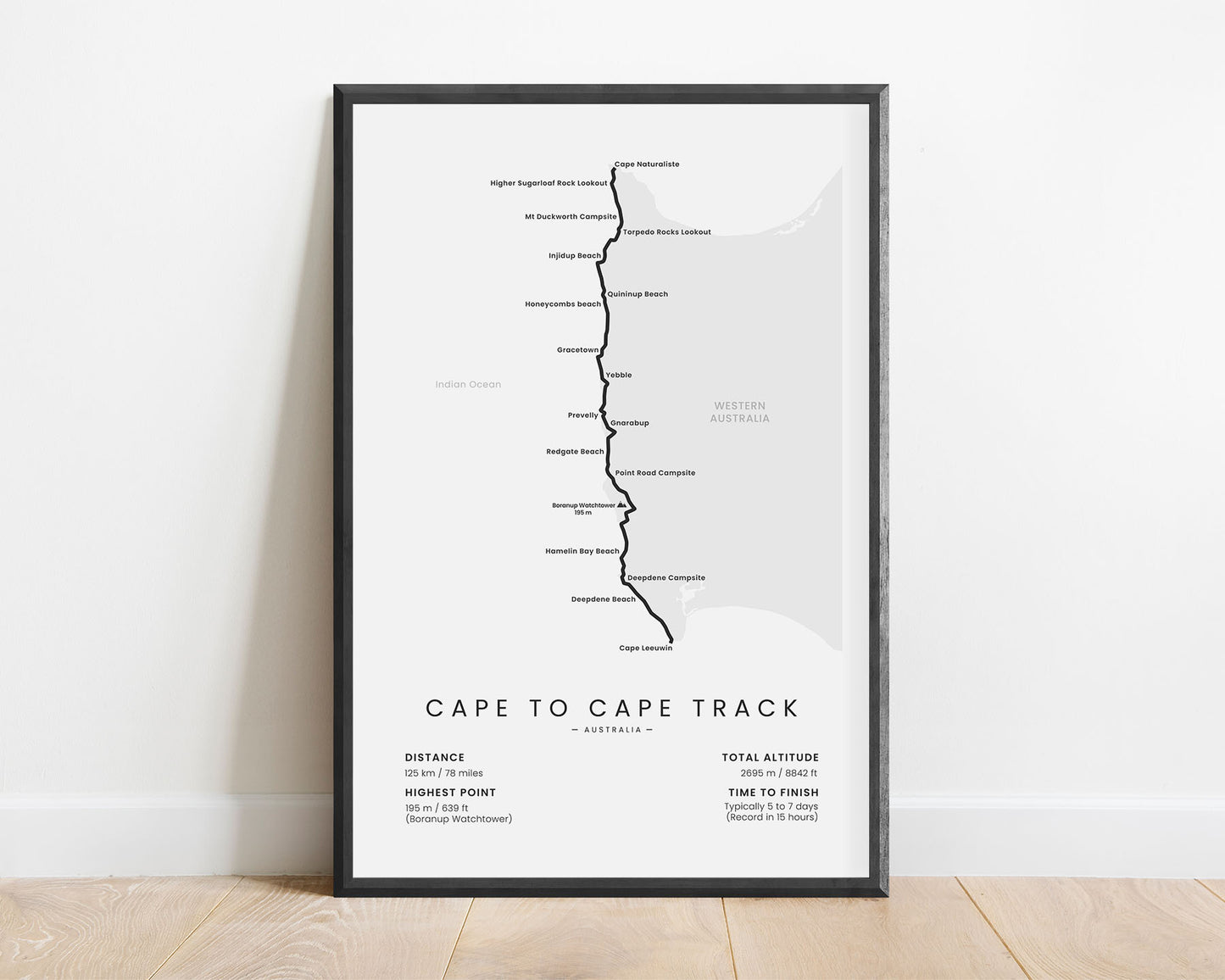 Cape to Cape Track (Western Australia) route poster with white background