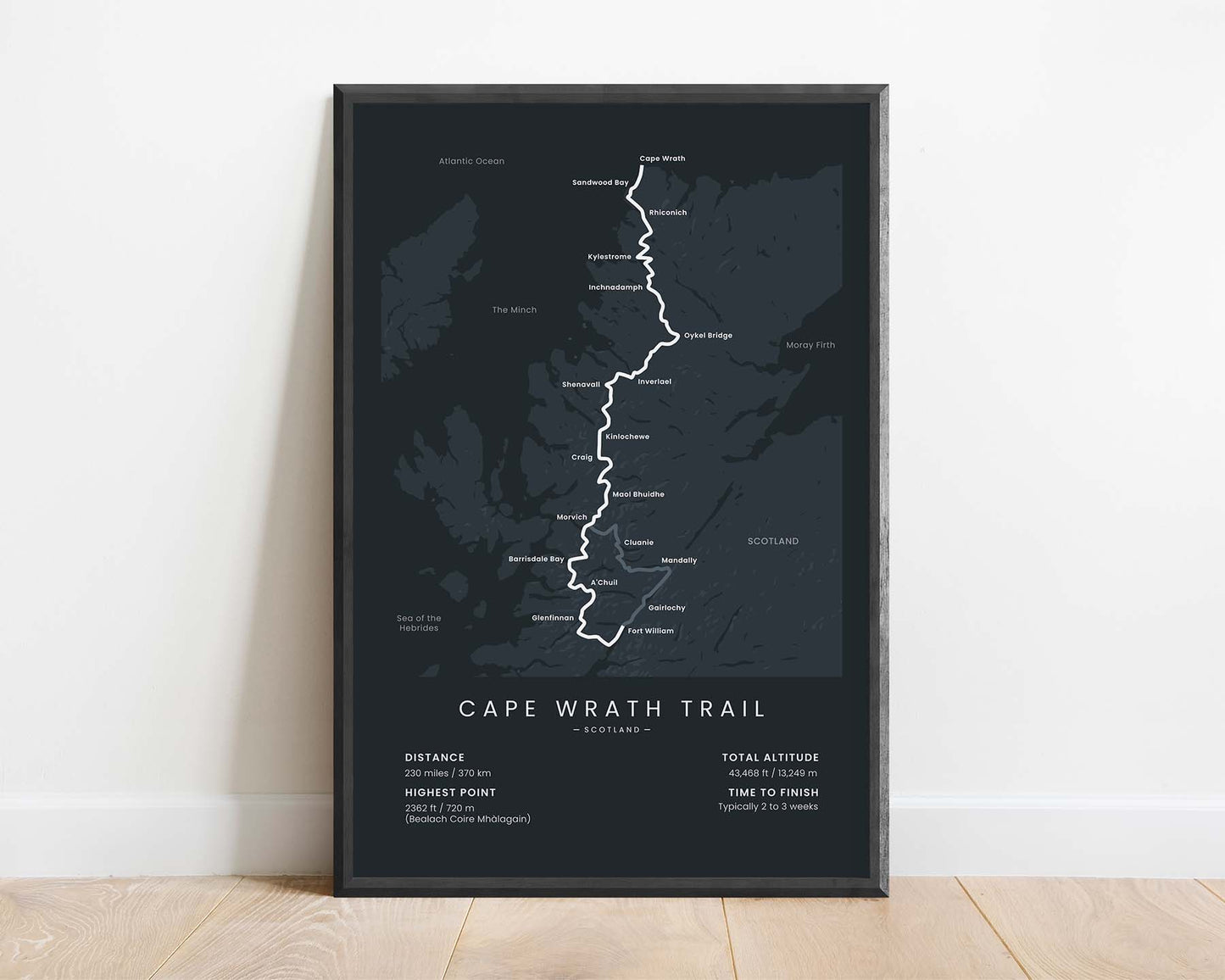Cape Wrath Trail (United Kingdom) Route Wall Map with Black Background in Minimal Room Decor