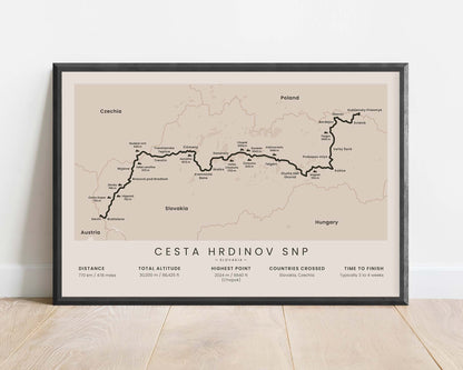 E8 Slovakia (Dukla Pass to Devin Castle) trail map art with beige background