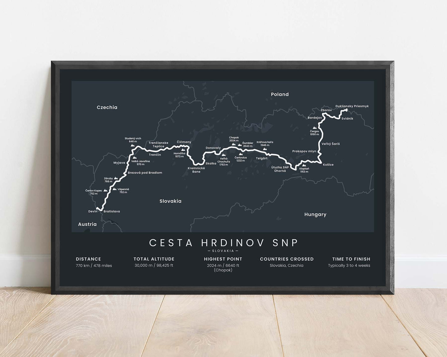 Path of the Heroes of the Slovak National Uprising (Czechia) hike print with black background