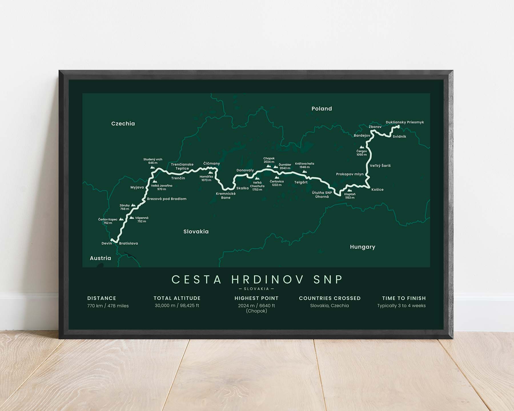 E8 Slovakia (Slovakia) route wall art with green background