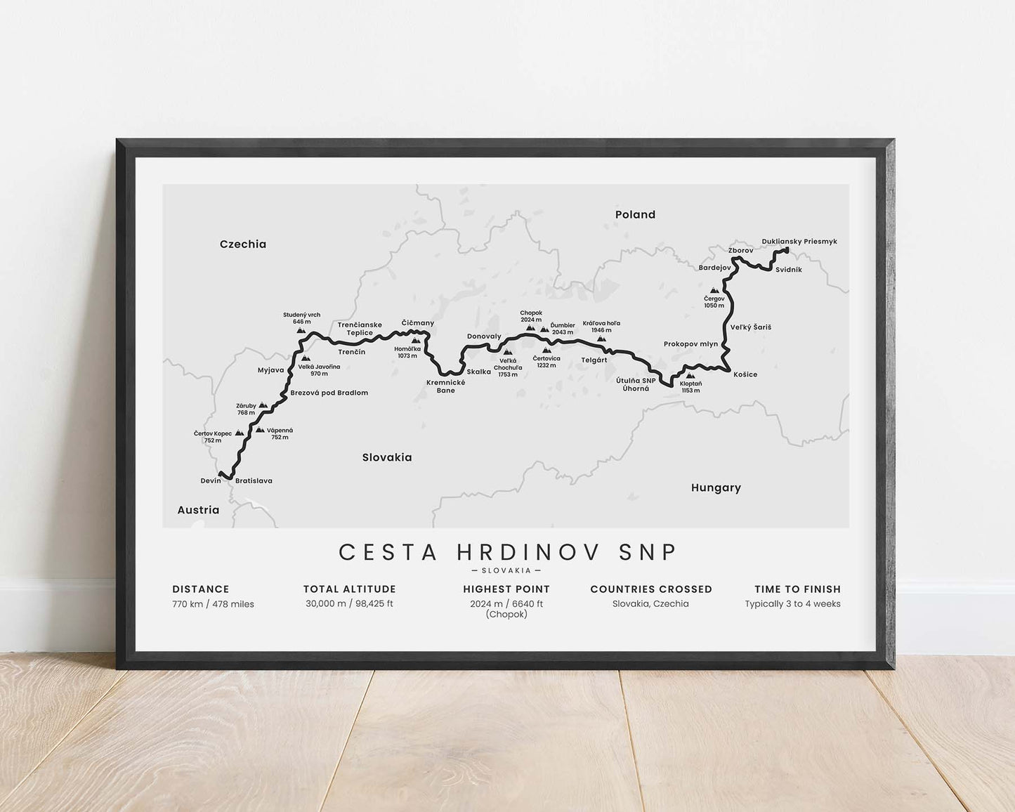 Cesta Hrdinov SNP (Slovakia) trek wall map with white background
