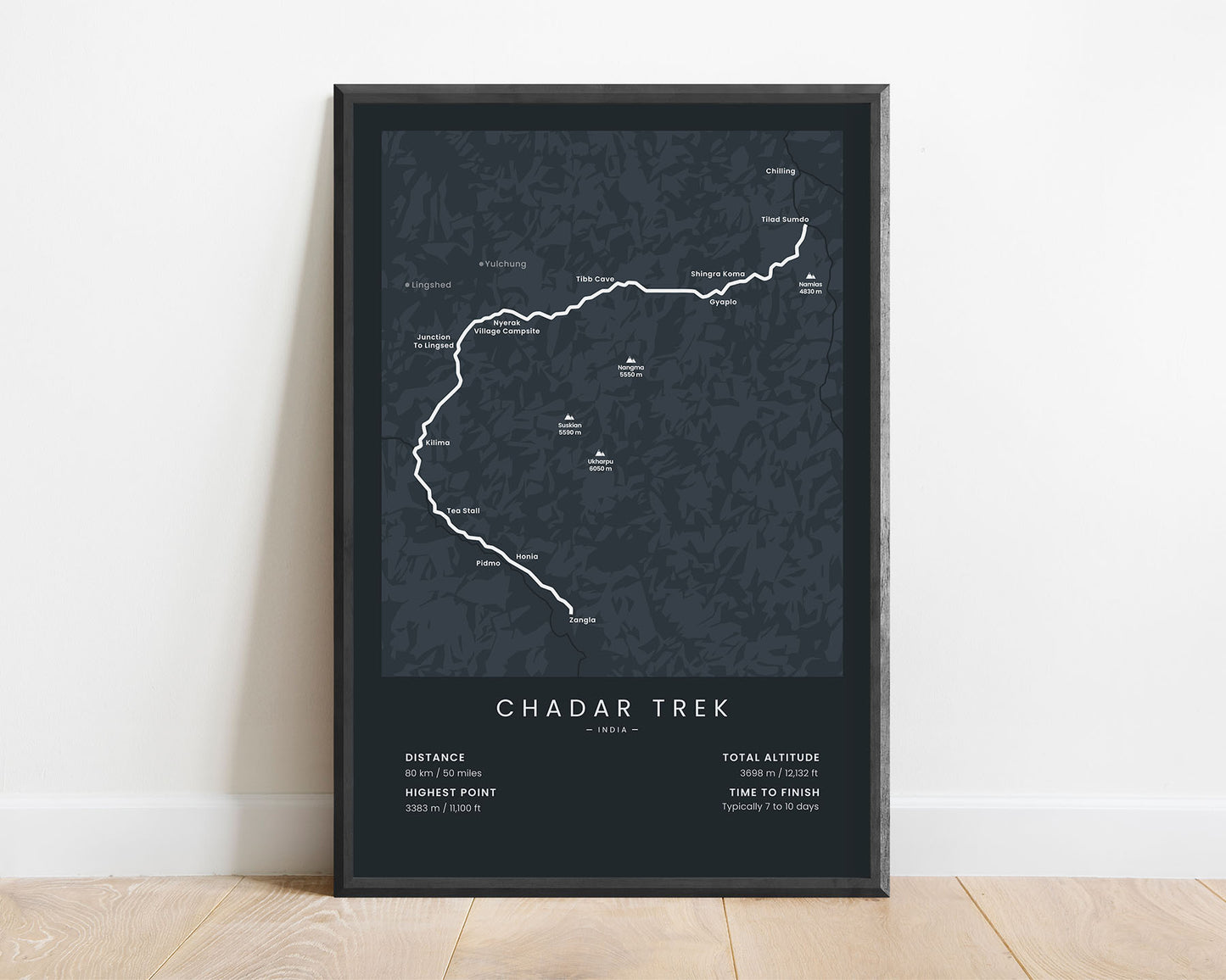 Chadar Trek (Ladakh) route wall art with black background