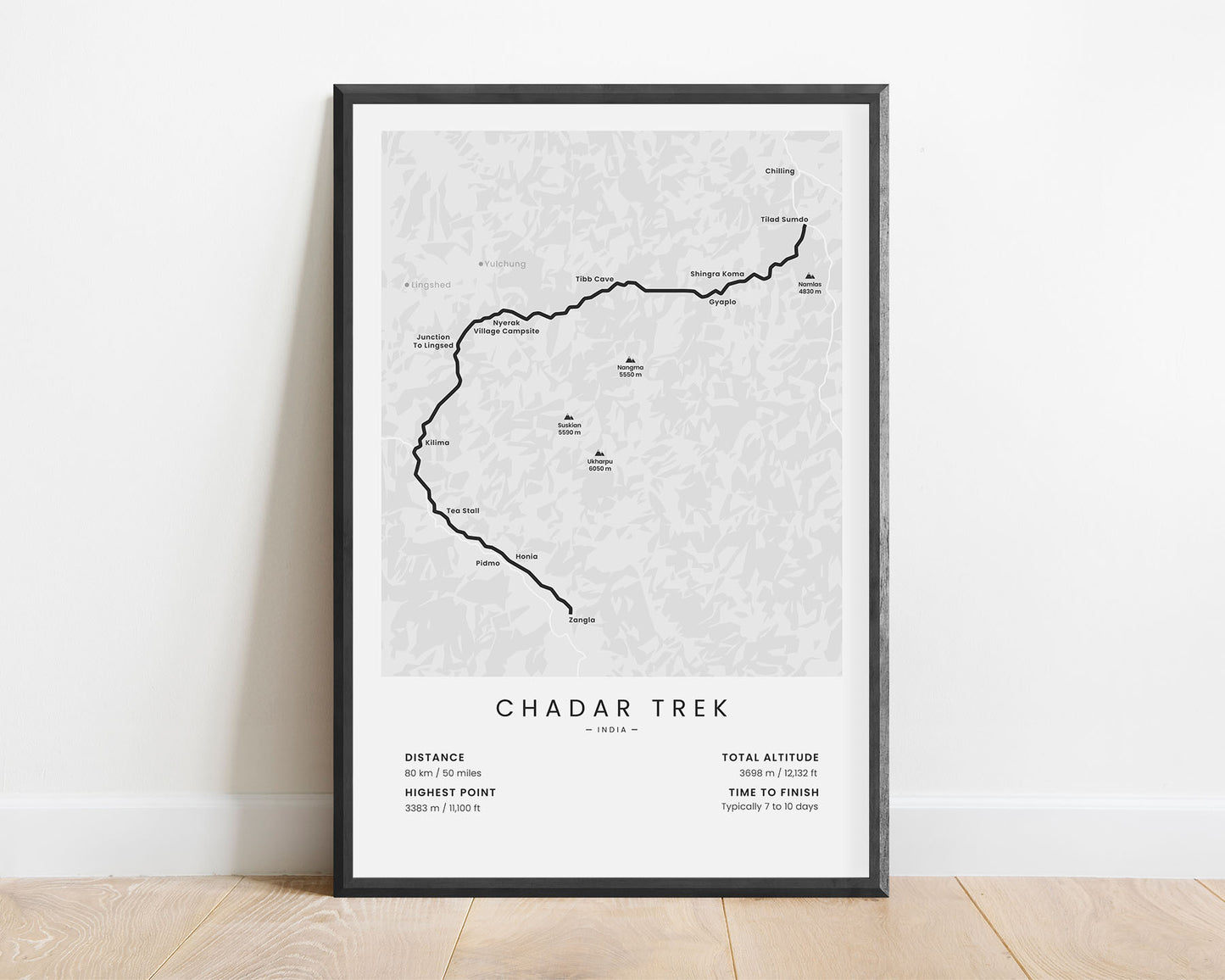 Chadar Trek (Himalayas) trail wall map with white background