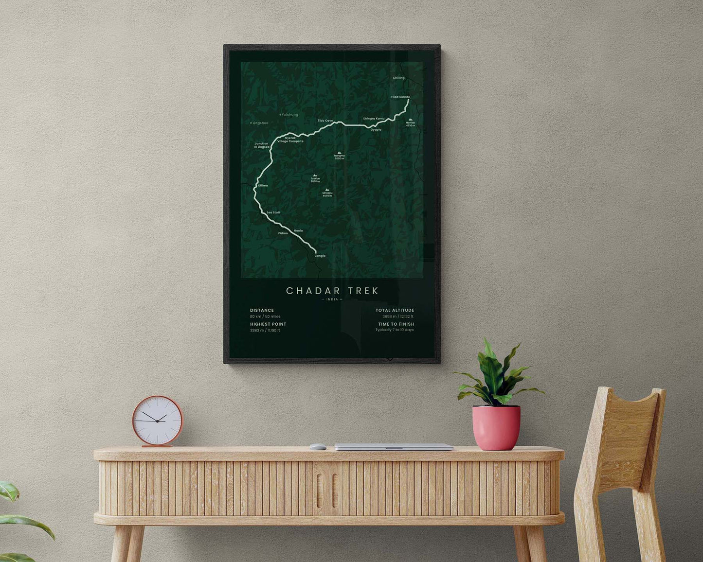 Chadar Trek (India) route print in minimal room decor