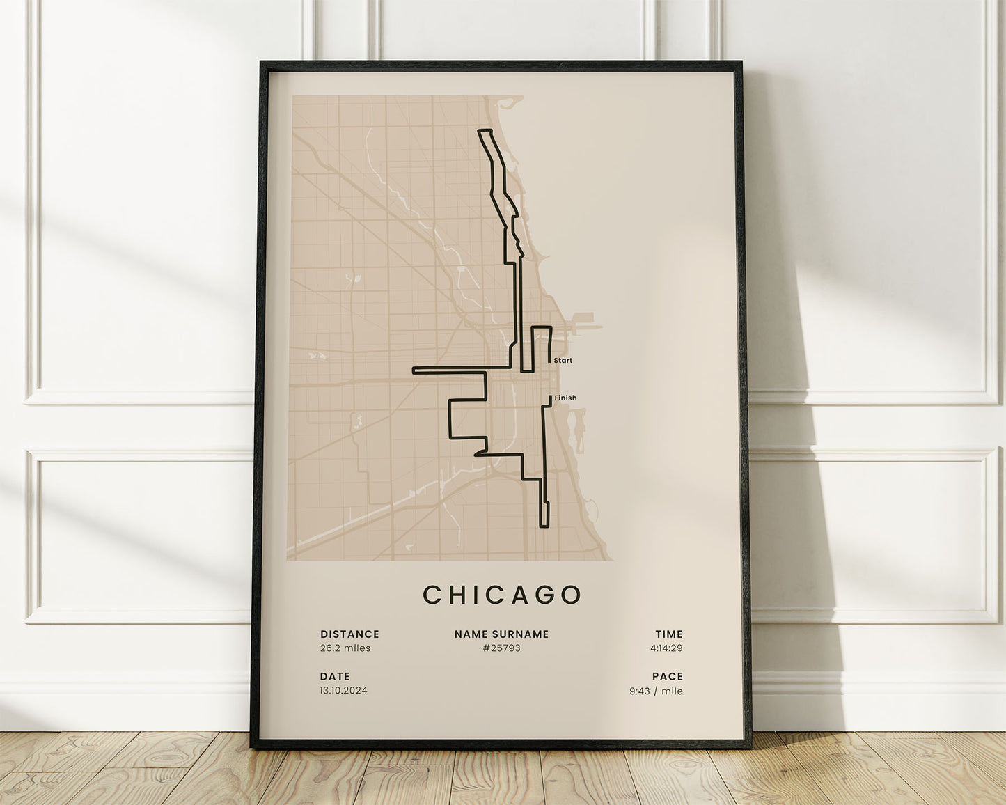 Chicago Marathon (Illinois) Running Map Art with Beige Background