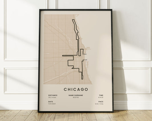 Chicago Marathon (Illinois) Running Map Art with Beige Background