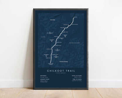 Chilkoot Trail (Coast Mountains) Route Map Art with Blue Background