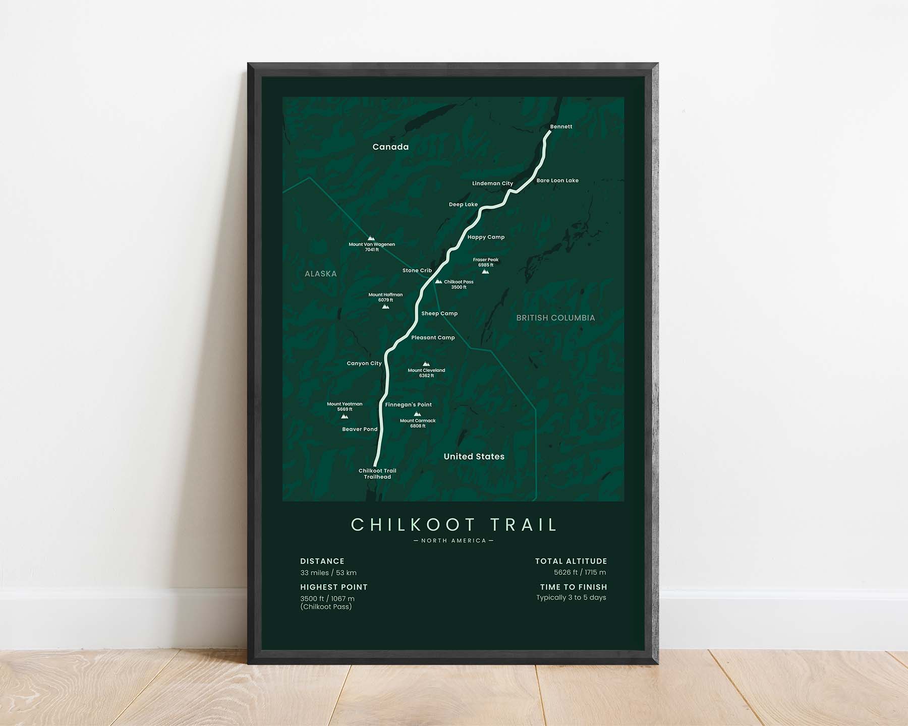 Chilkoot Trail (Dyea to Lake Bennett) Track Poster with Green Background