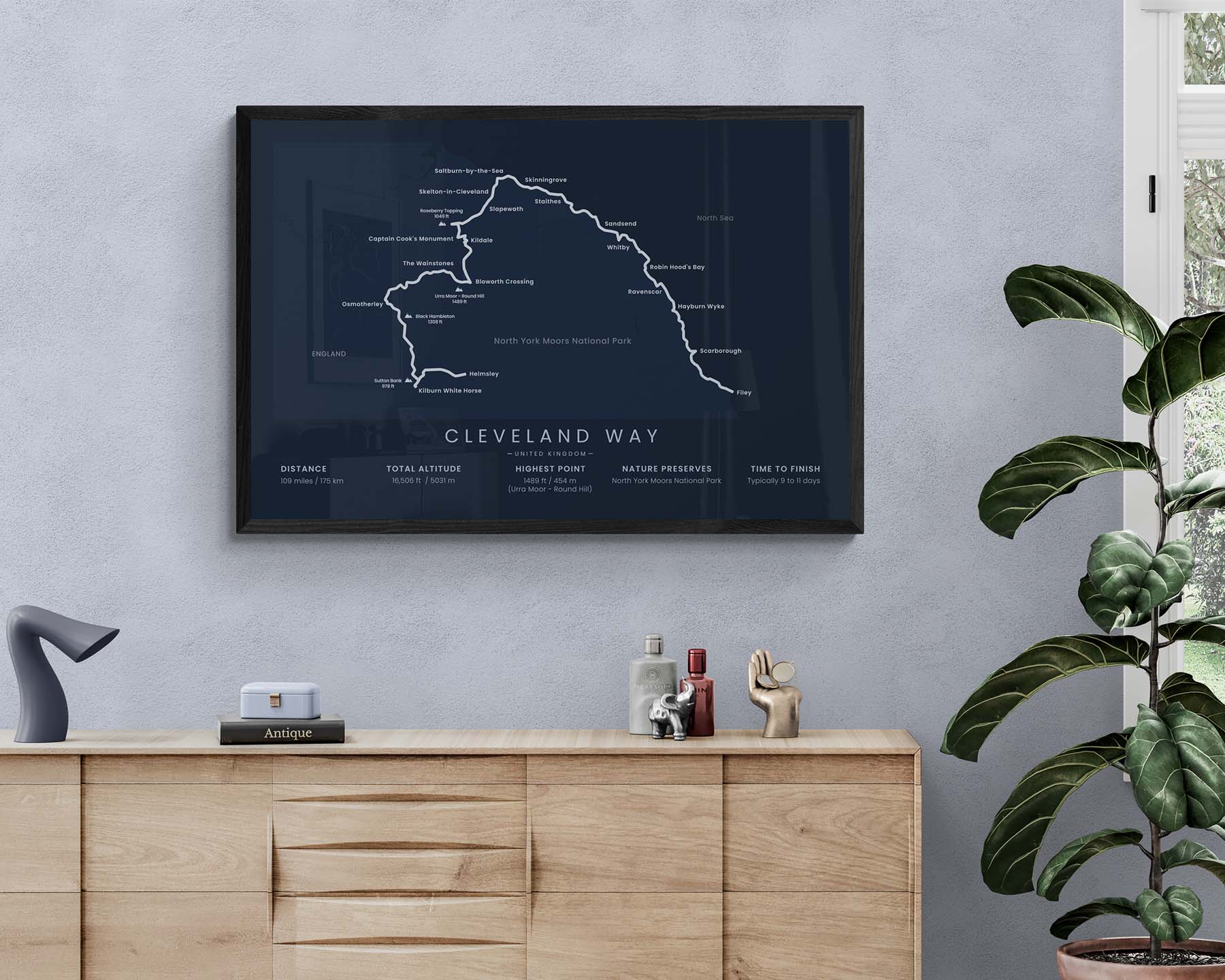 Cleveland Way (Filey to Helmsley, North Yorkshire) Hike Map Art in Minimal Interior Decor