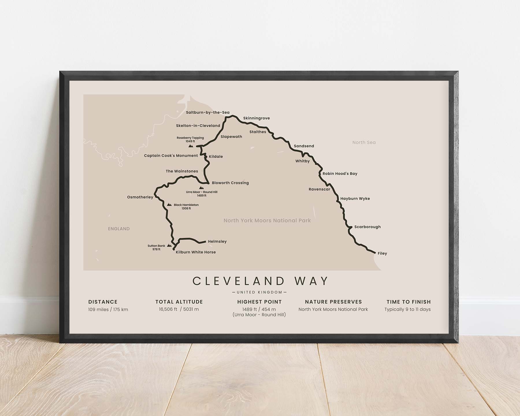 Cleveland Way (Filey, North Yorkshire, Northern England) Trail Map Poster with Beige Background