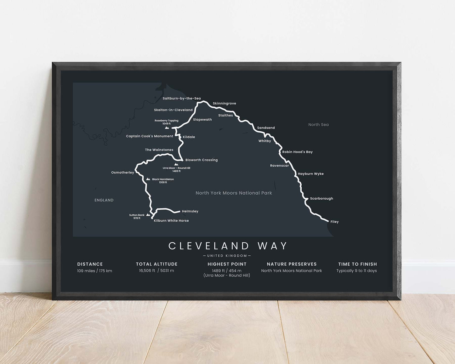 Cleveland Way (Helmsley to Filey, England) Trek Print with Black Background