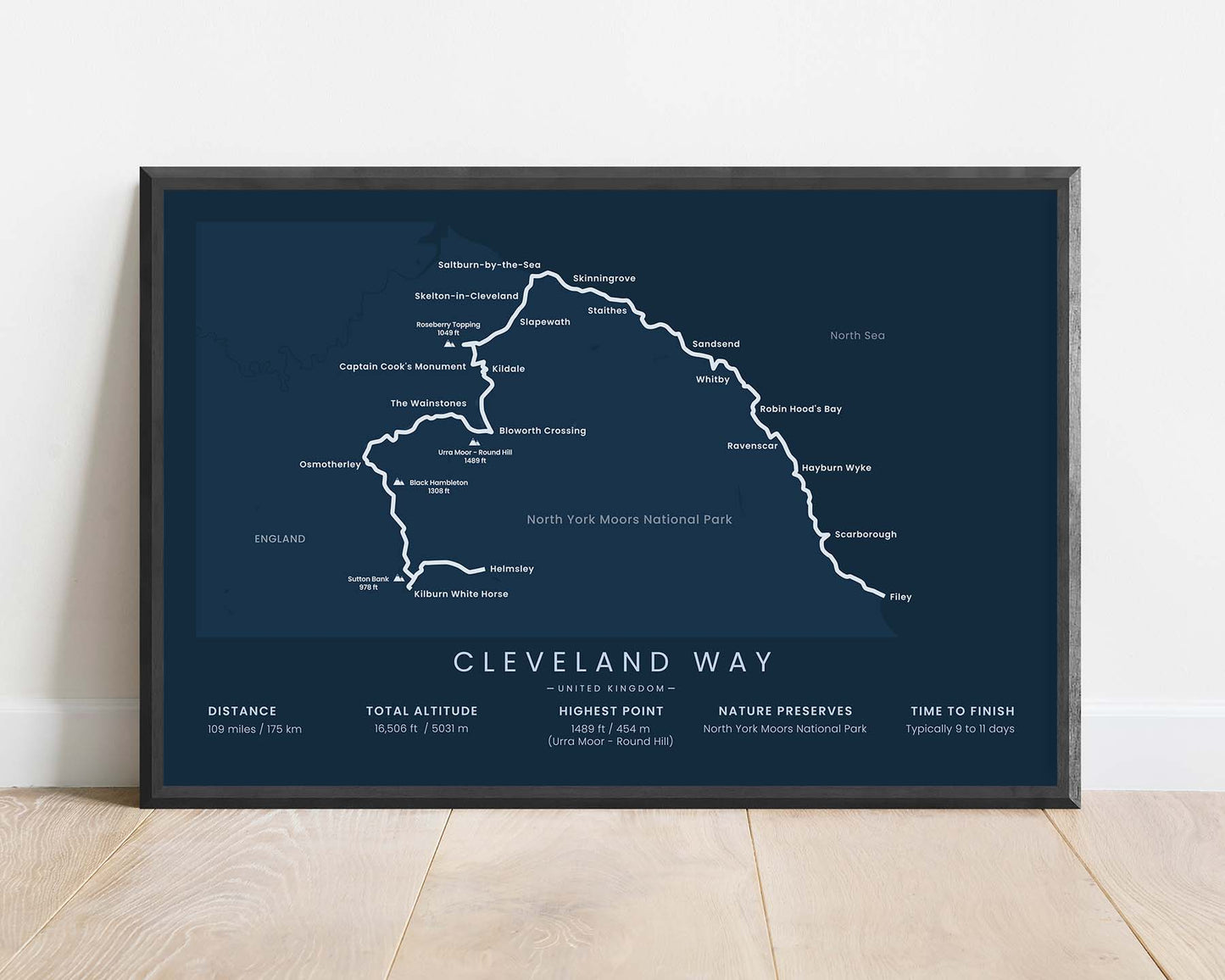 Cleveland Way (North York Moors National Park, England, Filey) Track Wall Map with Blue Background