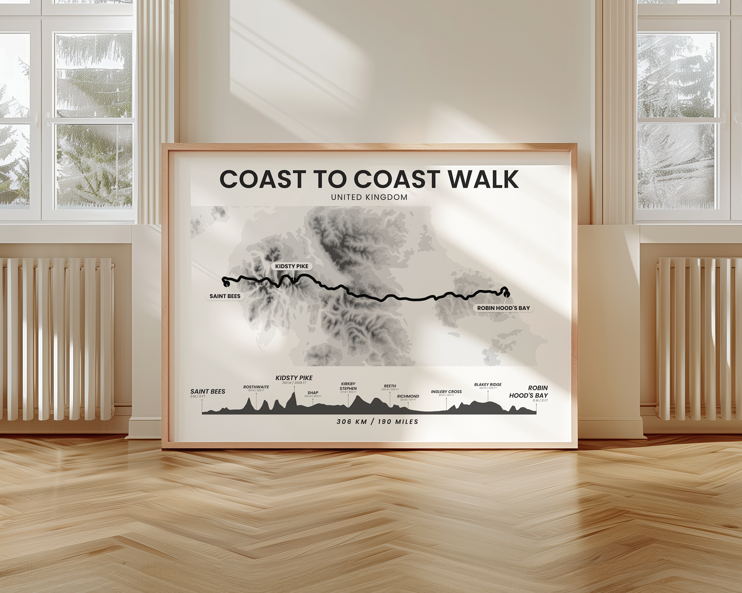 Coast To Coast Path National Trail (Irish Sea To North Sea) Elevation Map Wall Decor with Black Background