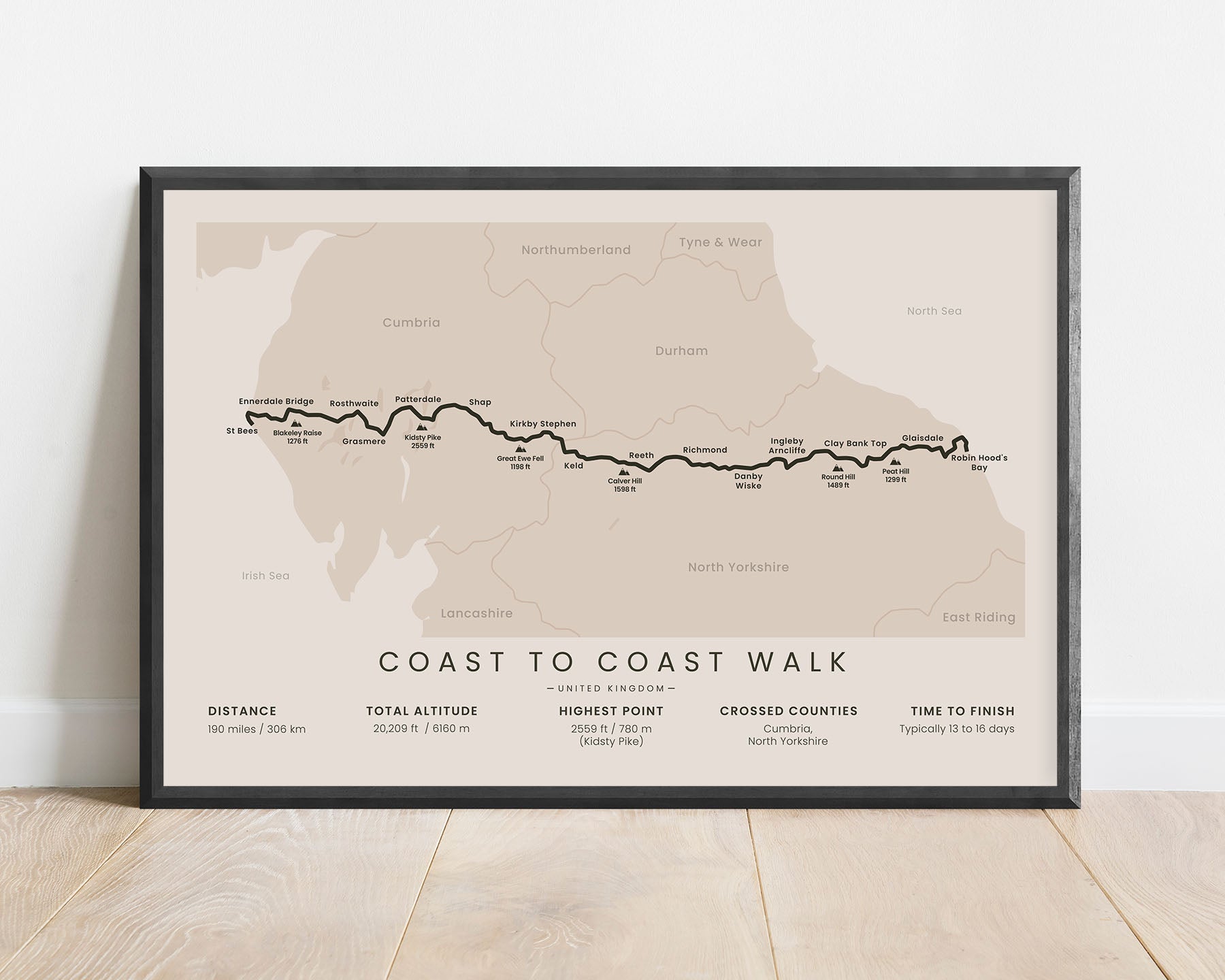 Wainwright's Coast to Coast Walk (Cumbria) trail print with beige background.