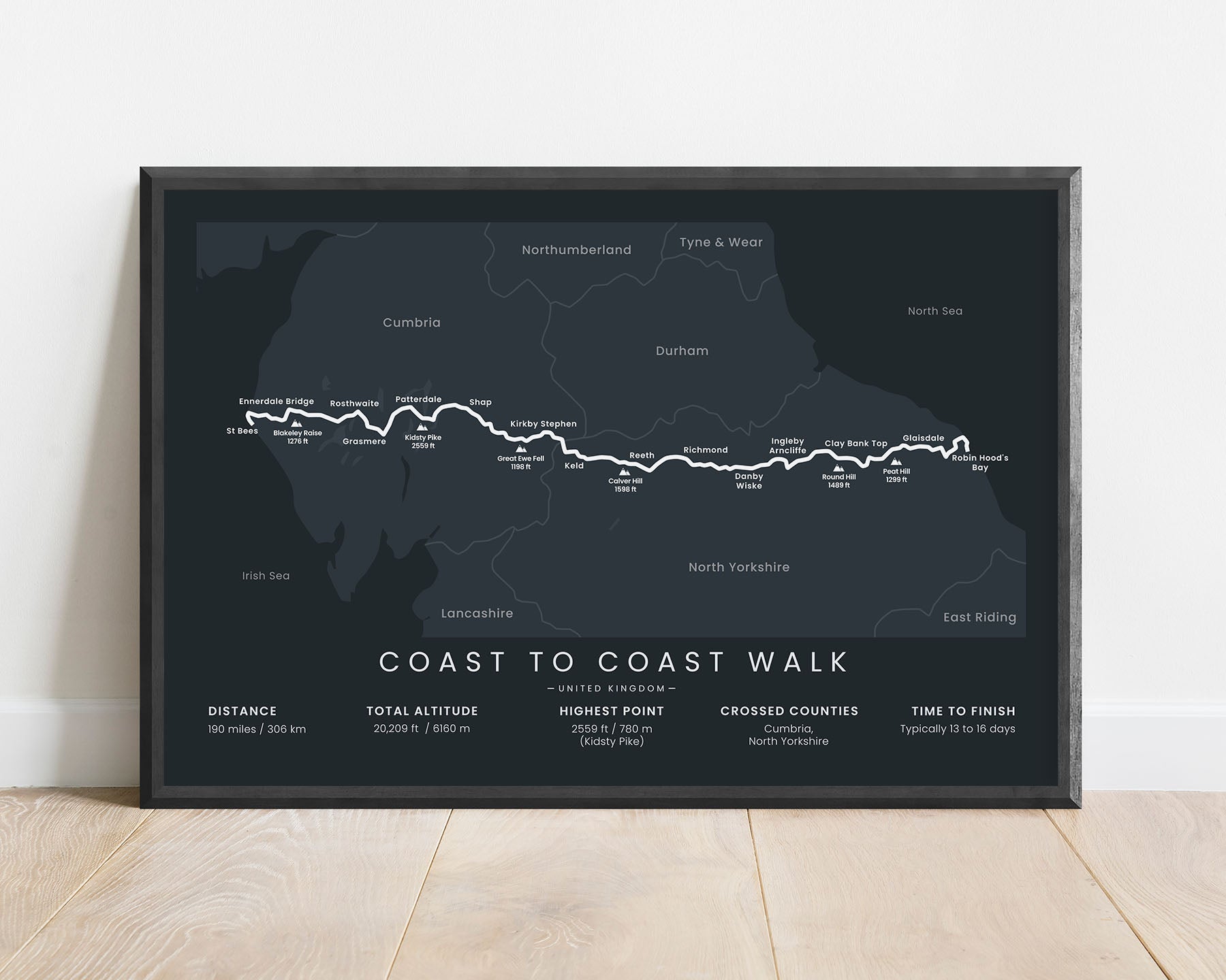 Coast to Coast walk (North Yorkshire) Thru hike map art with black background.