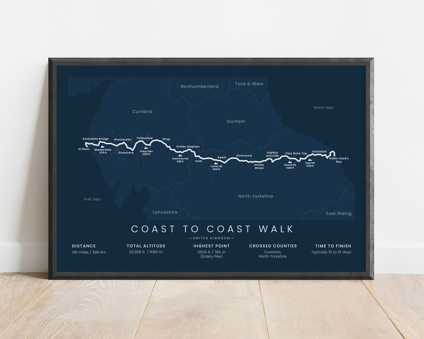 Coast to Coast Path (St Bees to Robin Hood's Bay) hike wall map with blue background.