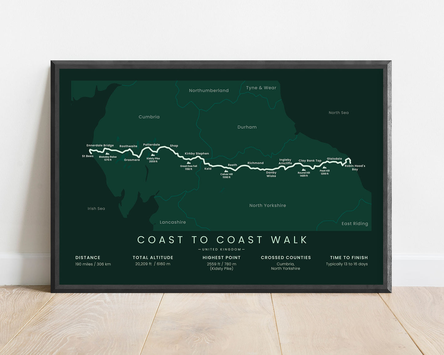 Wainwright's Coast to Coast Walk (west to east coast) path wall art with green background.