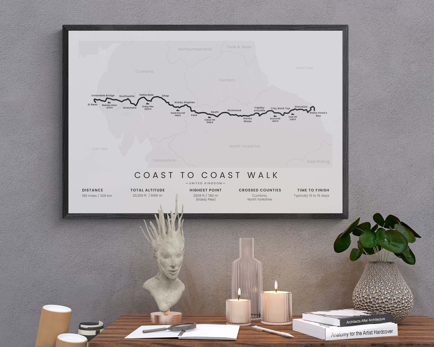 Coast to Coast walk (Irish to North Sea) trail art in minimal room decor.