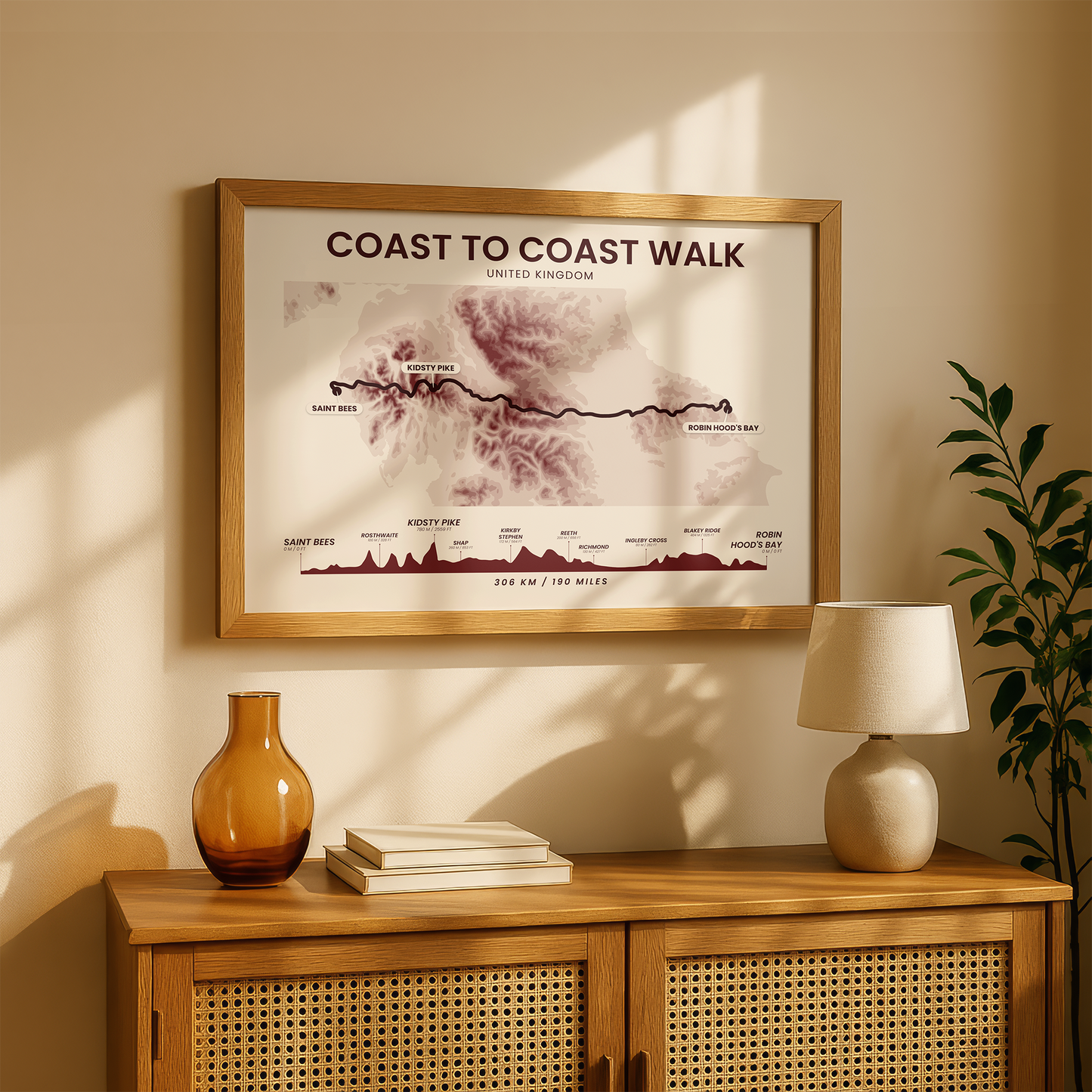 Coast To Coast Walk (Northern England) Shaded Relief Map Poster Print with Red Background
