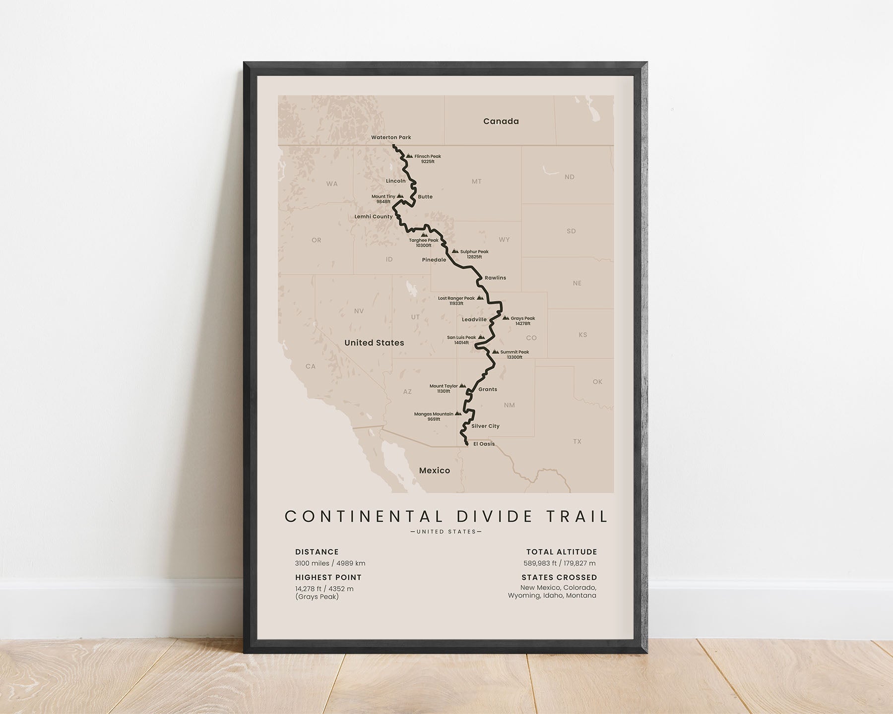 CDT Southern to Northern Terminus long-distance hike print with beige background