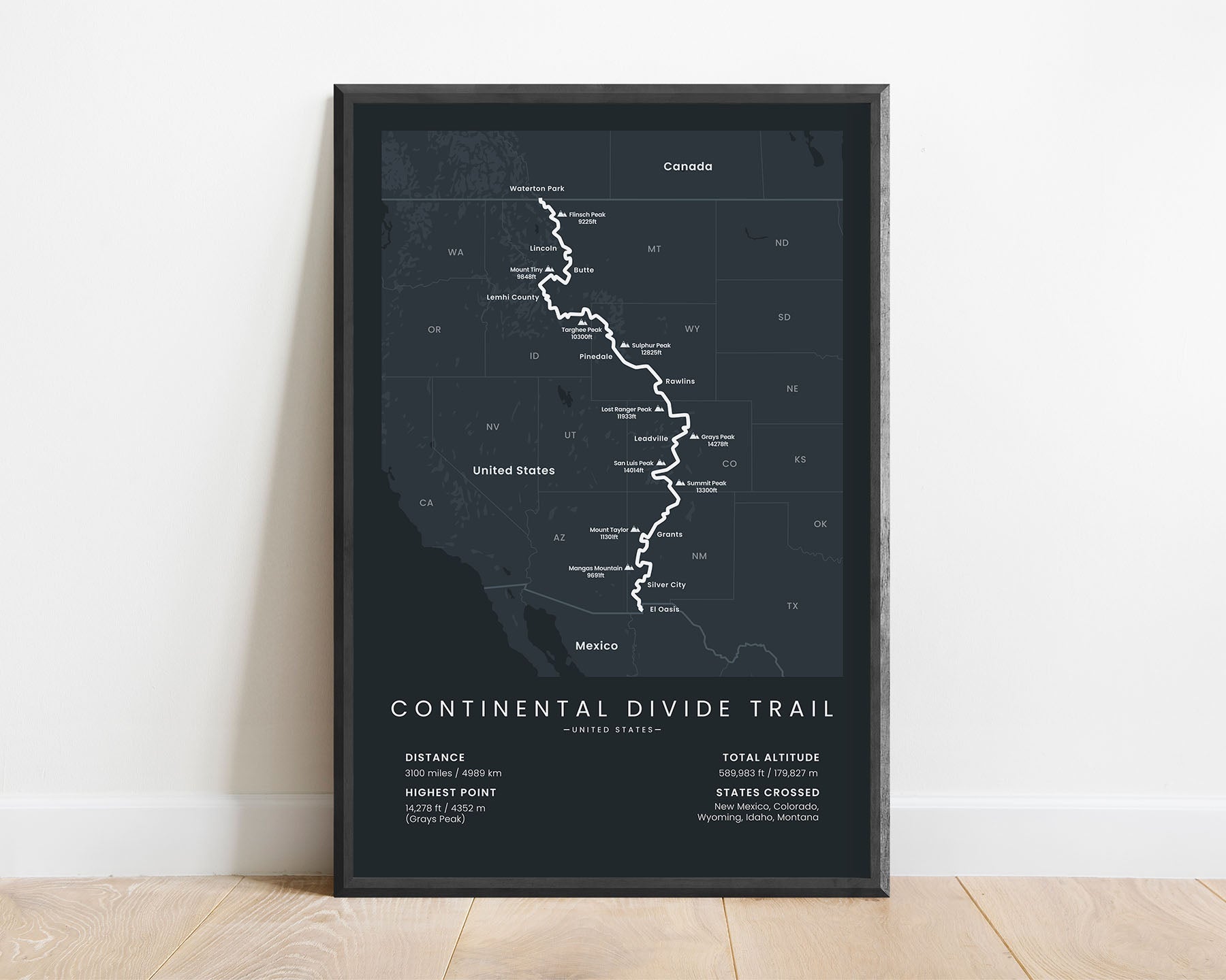 Continental Divide National Scenic Trail (Crossing Montana, Idaho, Wyoming, Colorado, and New Mexico) poster with black background