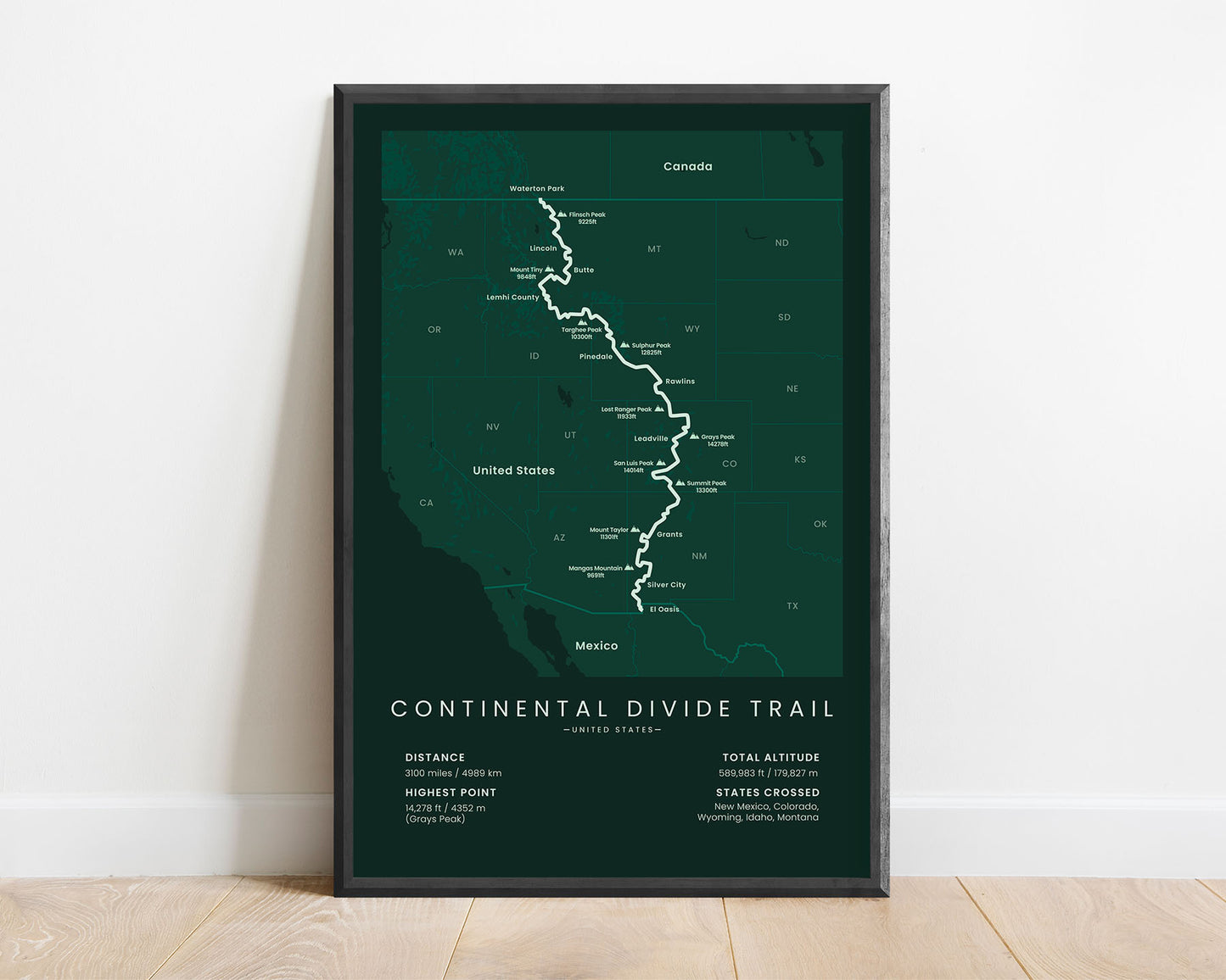 Continental Divide Trail (in United States) Cross-Country hike wall decoration with green background