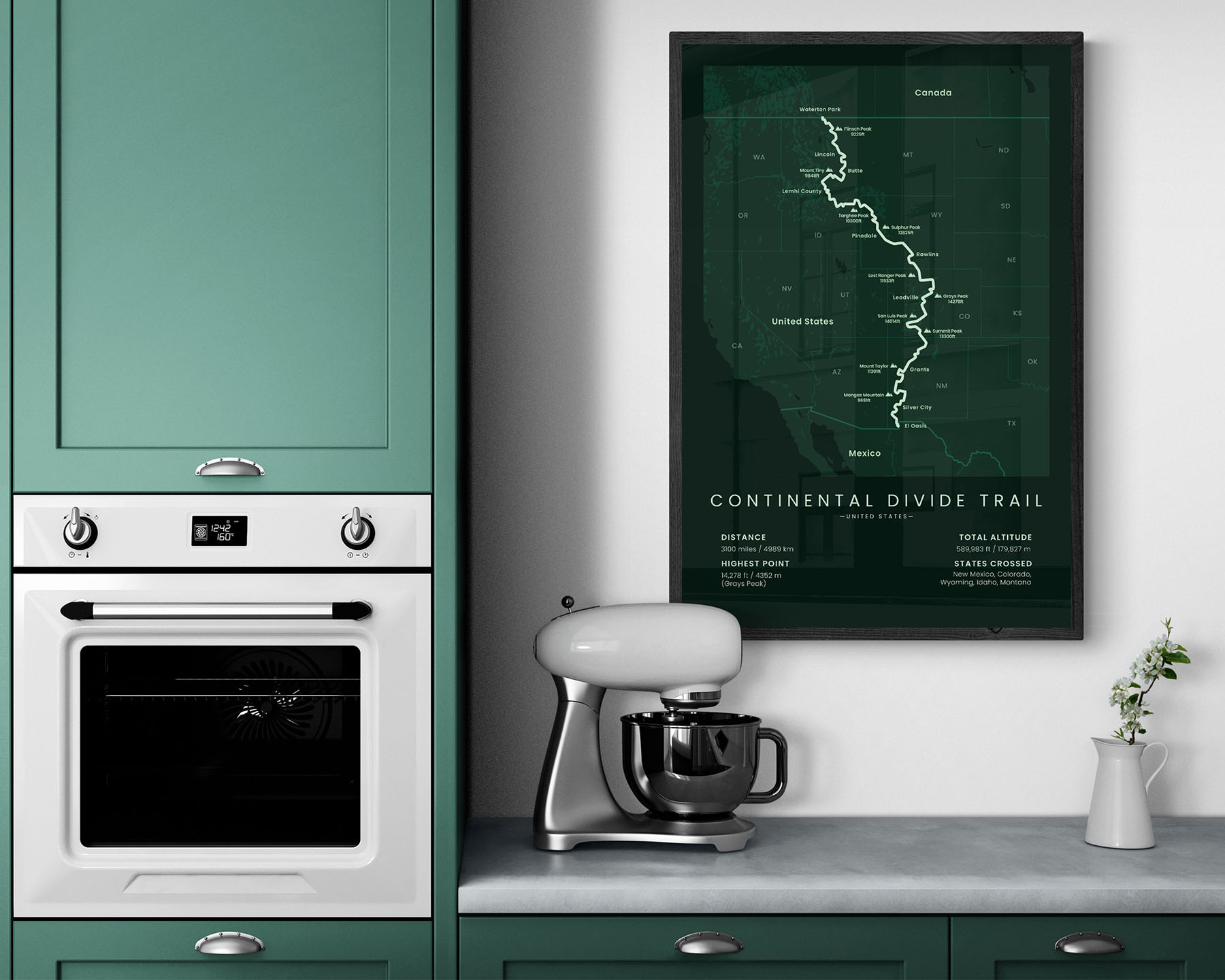 CDT thru-hike map print with green background in kitchen