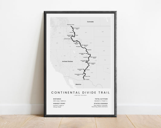 Continental Divide Trail (Mexico to Canada) thru-hike map with white background