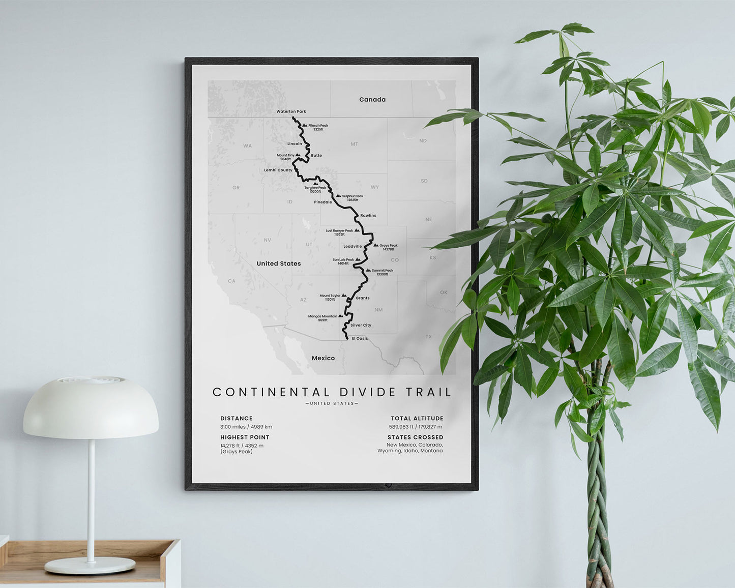 Continental Divide Trail minimalist map poster with white background in living room