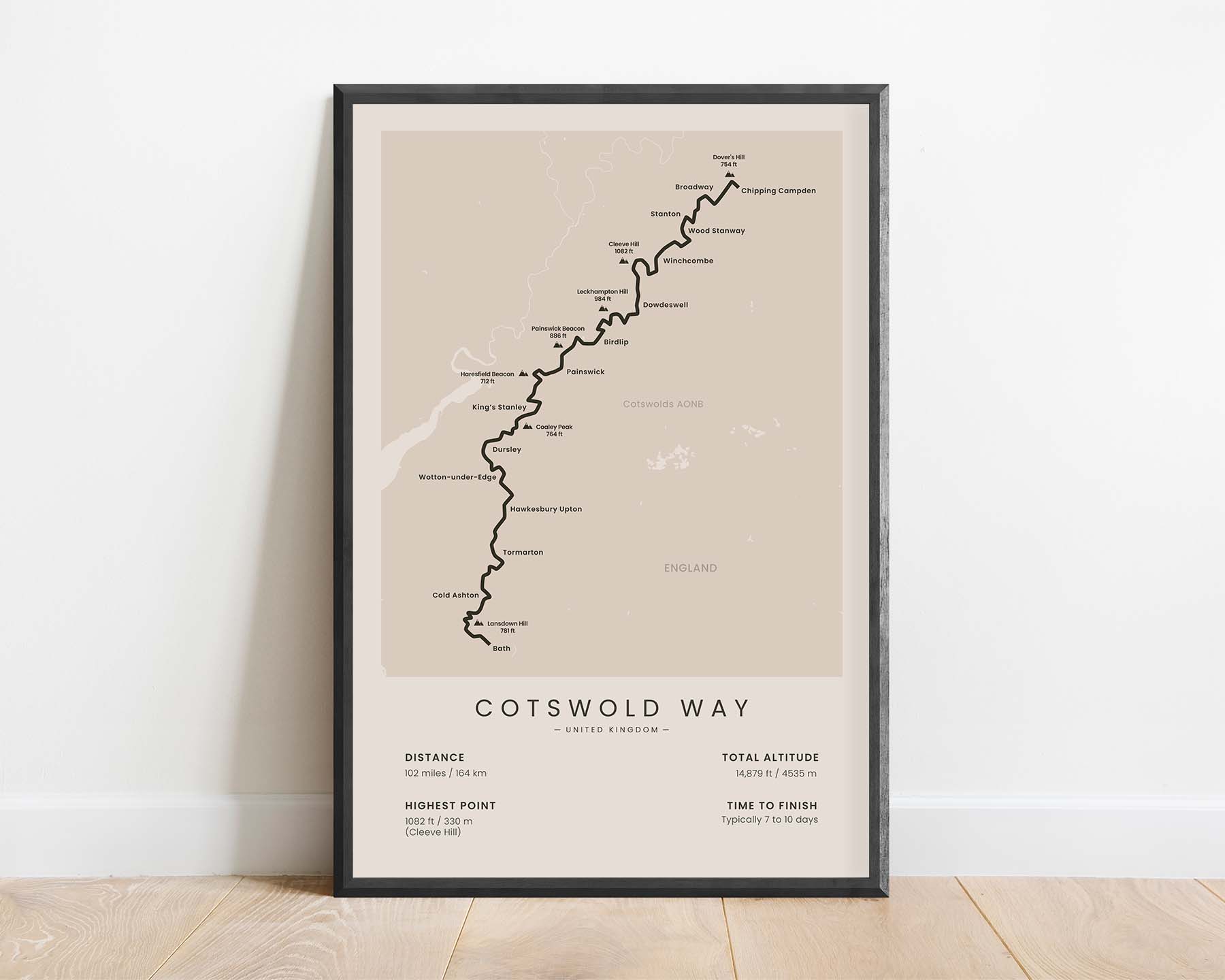 Cotswold Way (United Kingdom, Chipping Campden to Bath, England, Cotswolds AONB) Hike Wall Map with Beige Background