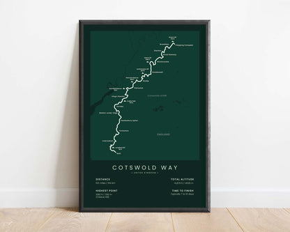 Cotswold Way National Trail (Chipping Campden to Bath, United Kingdom, Cotswolds AONB, England) Trek Map Art with Green Background