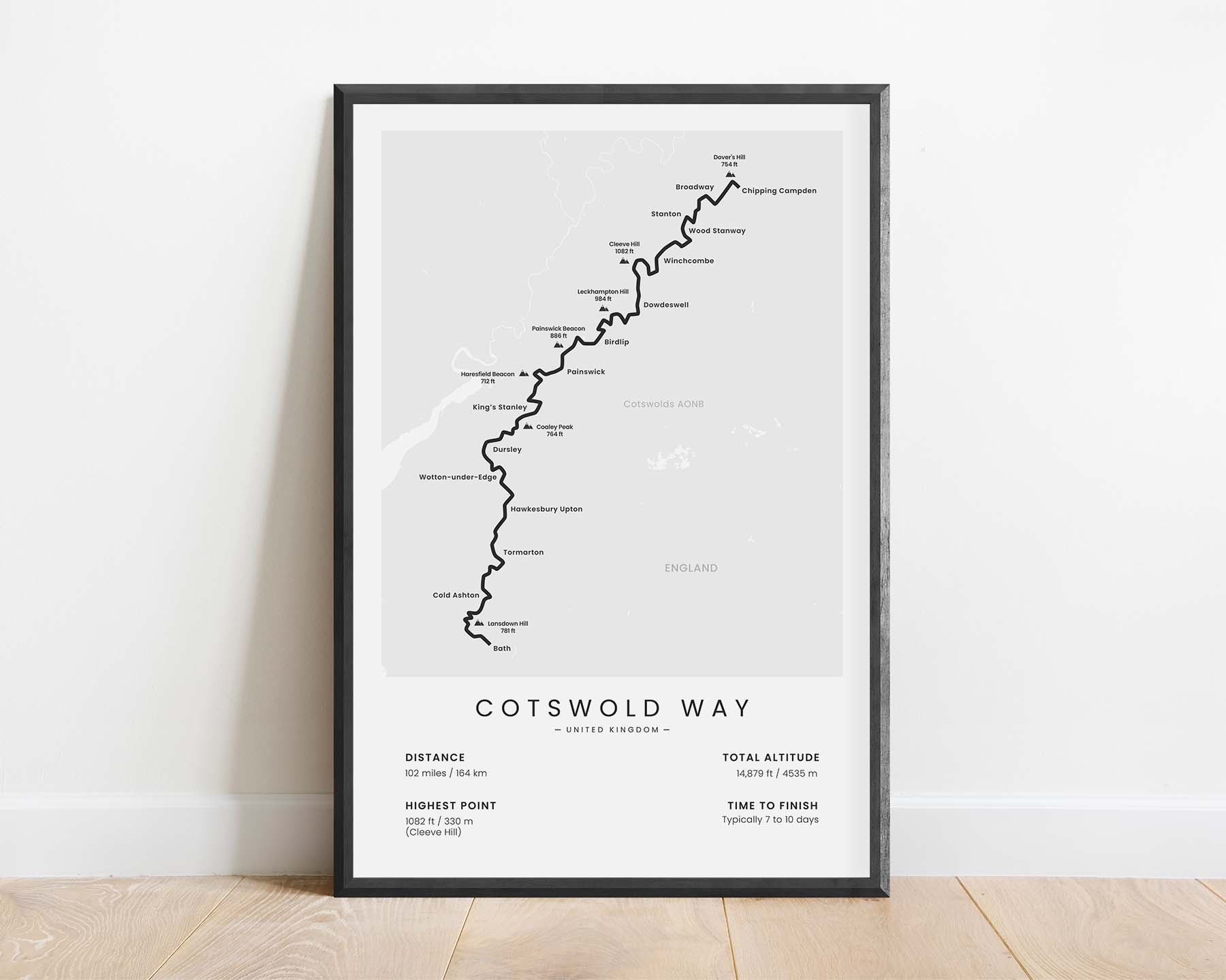Cotswold Way National Trail (Cotswolds AONB, Chipping Campden to Bath, United Kingdom, England) Route Poster with White Background
