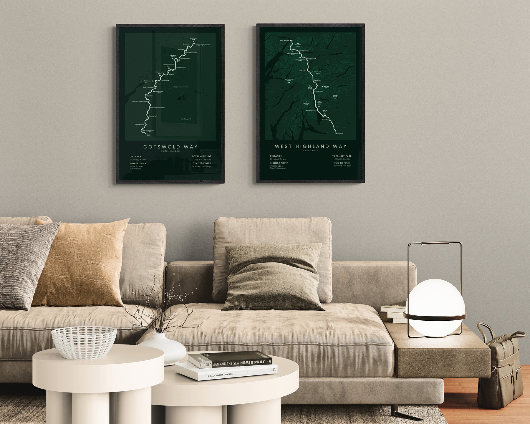 Cotswold Way National Trail (Chipping Campden to Bath, England, Cotswolds AONB, United Kingdom) Route Print in Minimal Room Decor